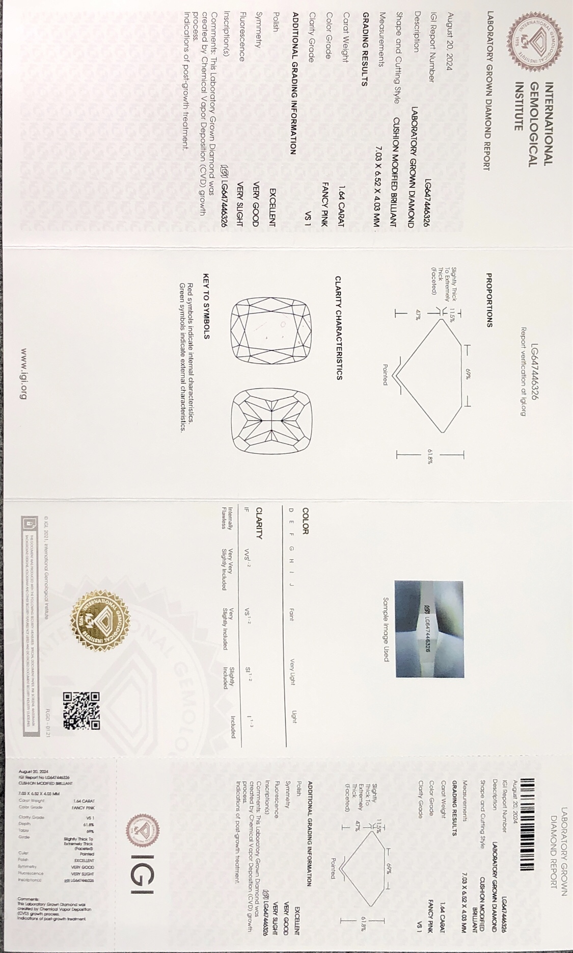 Cushion Modified Brilliant Fancy Pink Lab Grown Diamond CVD LG647446326 1.64CT VS1 EX VG Manufacturer | Messi Alahas 8