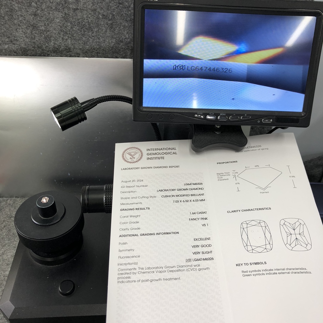 Cushion Modified Brilliant Fancy Pink Lab Grown Diamond CVD LG647446326 1.64CT VS1 EX VG Manufacturer | Messi Alahas 12