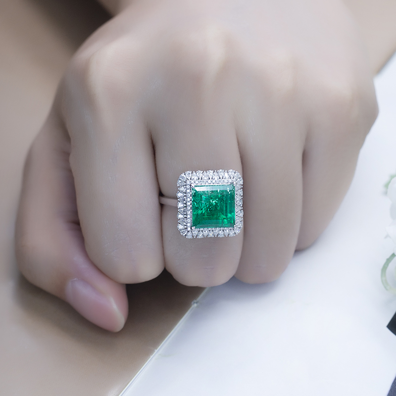 Messi Alahas - MS-584 18k Gold Women Fashion Alahas DEF Pear Cut Moissanite Square Emerald Halo Ring Rings 14