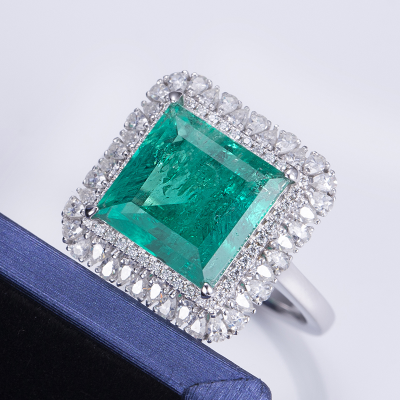 Messi Alahas - MS-584 18k Gold Women Fashion Alahas DEF Pear Cut Moissanite Square Emerald Halo Ring Rings 10