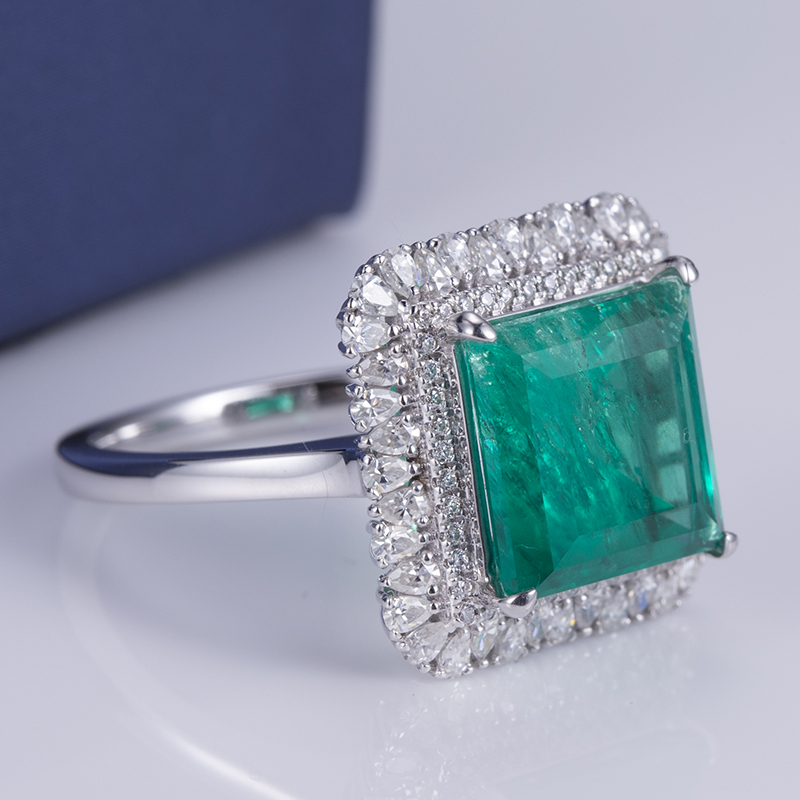 Messi Alahas - MS-584 18k Gold Women Fashion Alahas DEF Pear Cut Moissanite Square Emerald Halo Ring Rings 11