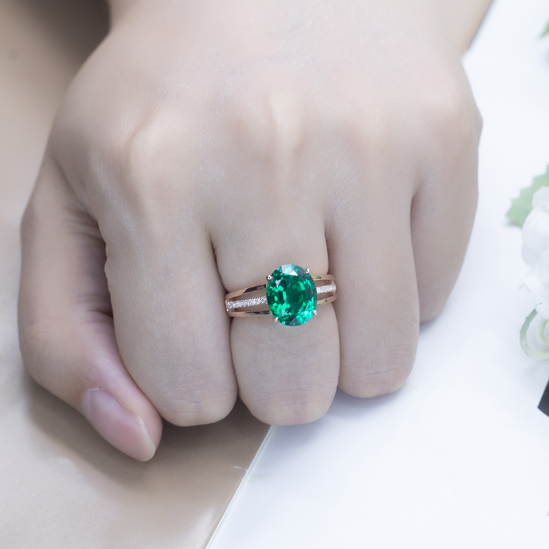 Messi Alahas - MS-583 18k Gold Custom Women Fashion 9*11mm Oval Cut Emerald Ring Singsing 14