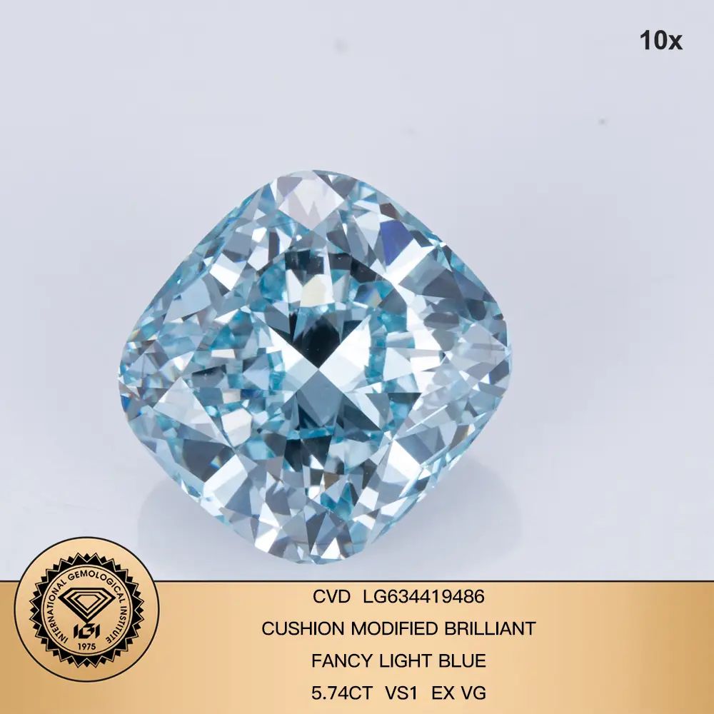 Cuscino fantasia blu da 5,74 ct vs1 ex vg lab coltivato con certificato IGI 1
