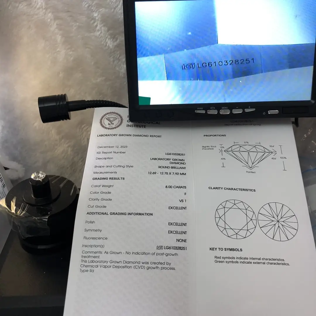 8.0CT Round Lab Grown Diamond - F VS1 Quality with IGI Certificate 5