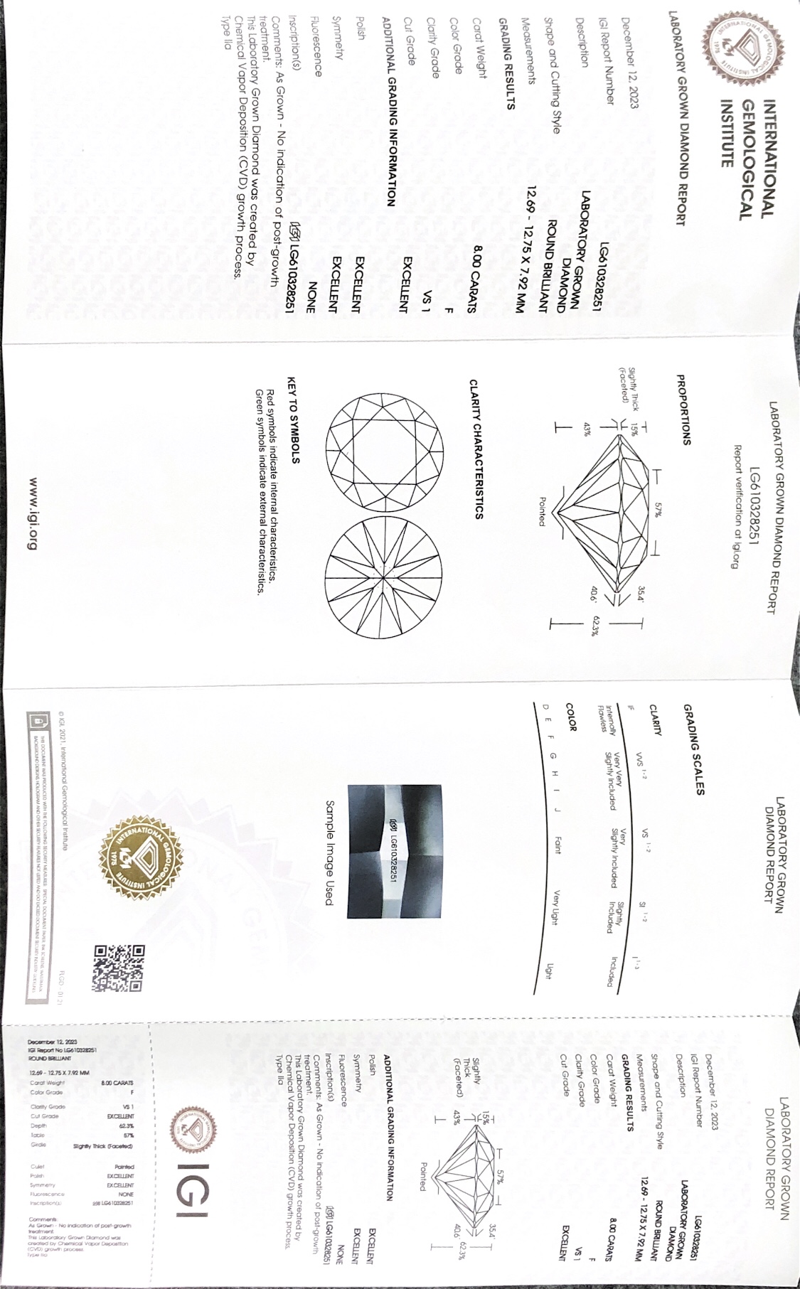 8.0CT Round Lab Grown Diamond - F VS1 Quality nga adunay IGI Certificate 8
