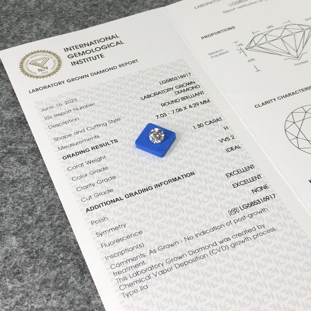 Round Brilliant Cut 1.3ct H VVS2 CVD Diamond Lab Grown Diamond IGI Certificate 9
