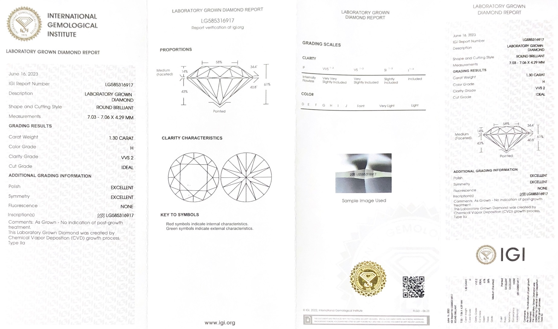 Round Brilliant Cut 1.3ct H VVS2 CVD Diamond Lab Grown Diamond IGI Certificate 7