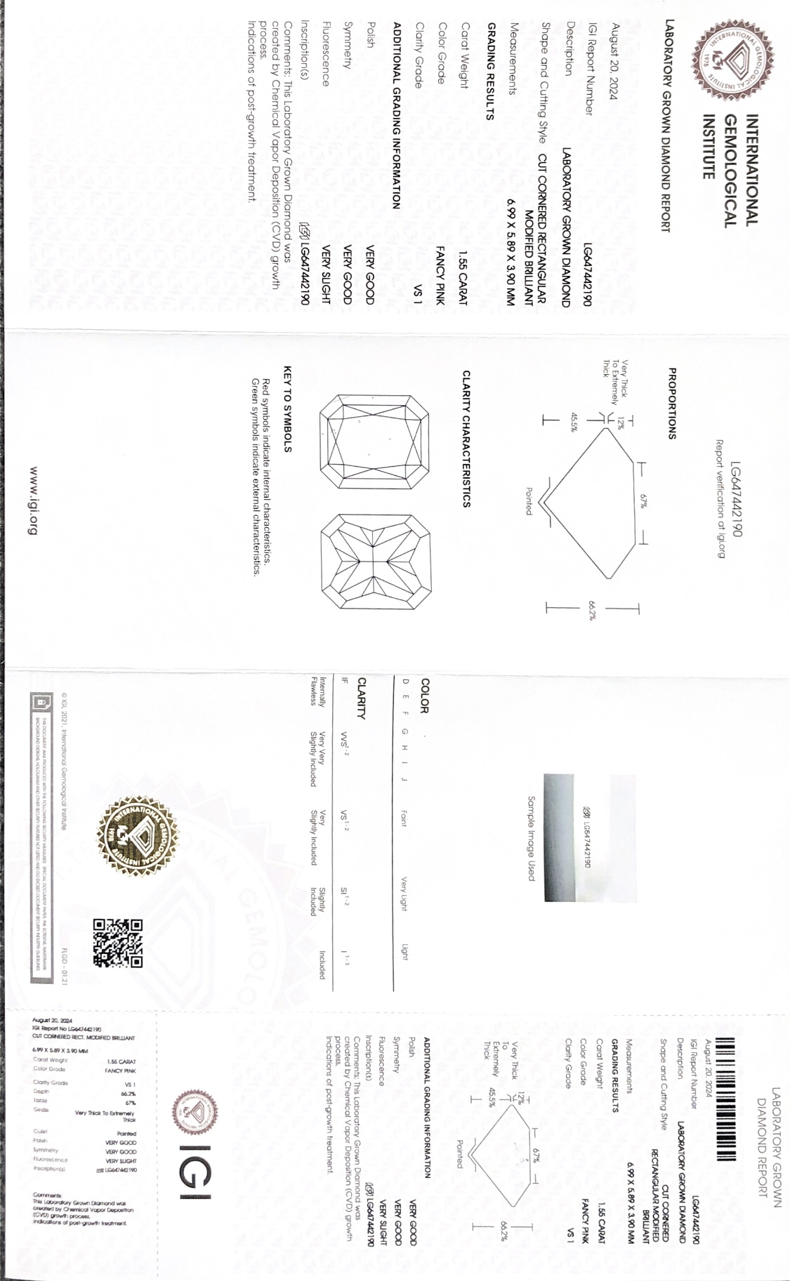 Cornered Rectangular Cut Modified Brillant Fancy Pink 1.55CT VS1 VG VG CVD LG647442190 8