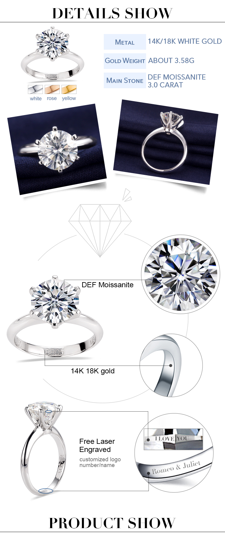 Messi Jewelry - Messi Gems round cut 3Ct DEF moissanite classical six prong setting 18K Gold 1Ct round women Ring Rings 13