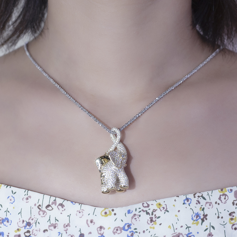 Messi Alahas - Messi Alahas MS-535 9K 14k Yellow Gold Elephant Pendant Moissanite Necklace Necklace 13