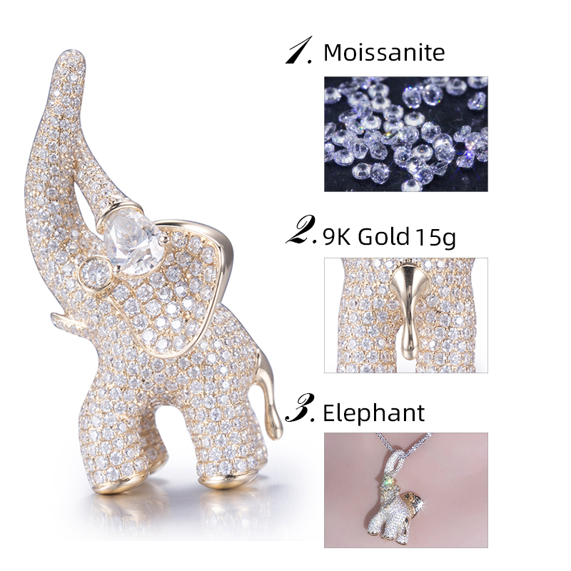 Messi Alahas - Messi Alahas MS-535 9K 14k Yellow Gold Elephant Pendant Moissanite Necklace Necklace 15