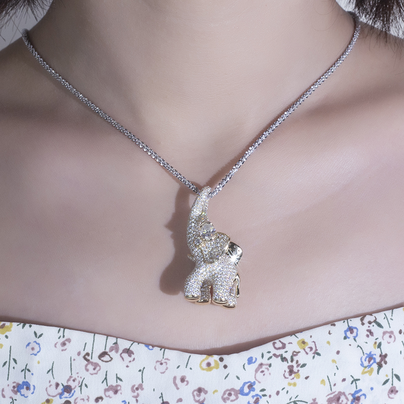 Messi Alahas - Messi Alahas MS-535 9K 14k Yellow Gold Elephant Pendant Moissanite Necklace Necklace 14