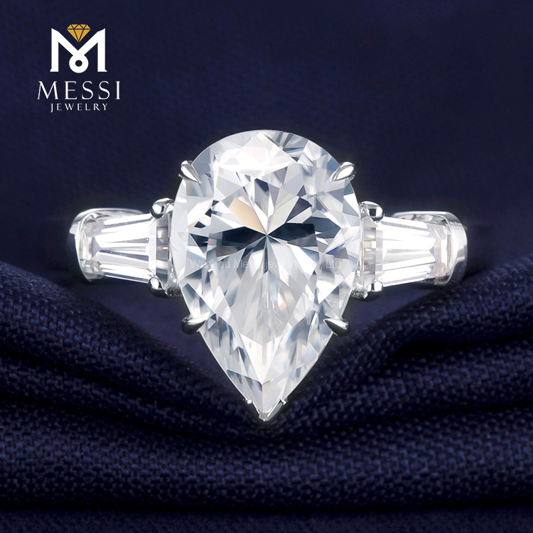 Jóias Messi - MS -249 Messi Jóias 18K Gold Three Stone 2,5 Carat Def Vvs Pear Moissanite Mulheres Ringos Anel 14