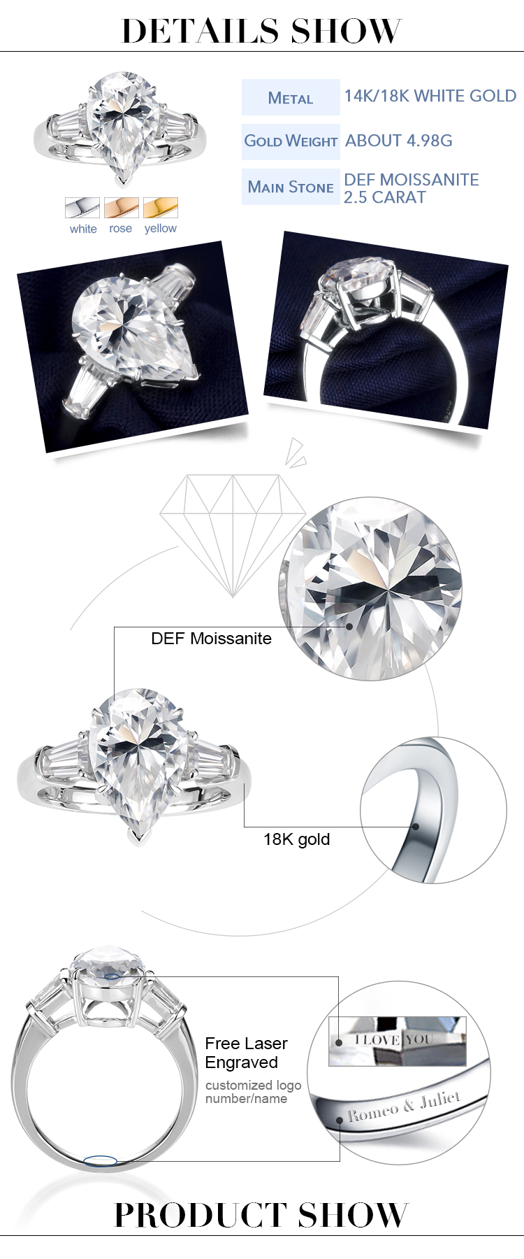 Jóias Messi - MS -249 Messi Jóias 18K Gold Three Stone 2,5 Carat Def Vvs Pear Moissanite Mulheres Ringos Anel 8