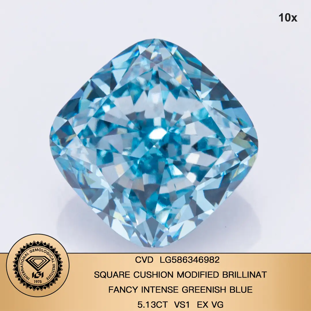 Cuscino quadrato 5ct Fancy Intense Green Blue Vs1 CVD Diamond Lab Crown Diamond IGI Certificato 1