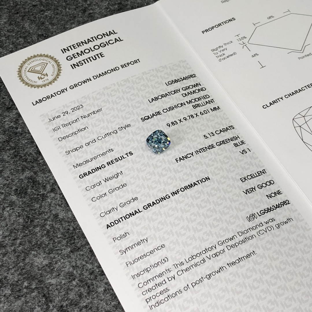 Square Cushion 5ct Fancy Intense Green Blue VS1 CVD Diamond Lab Grown Diamond IGI Certificate 9