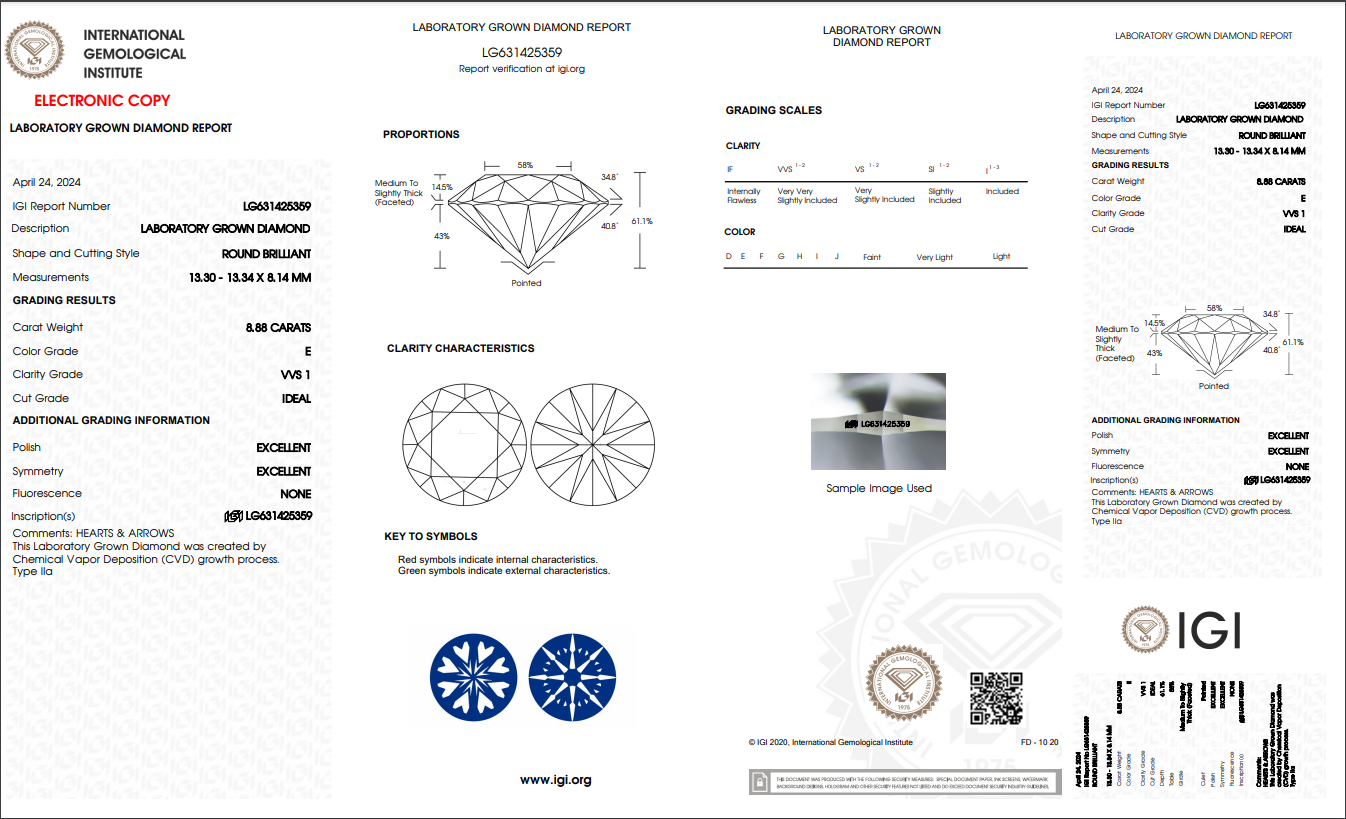 Messi Alahas-8.88CT Round Brilliant Cut Heart & Arrow CVD E VVS1 ID EX EX White Lab Grown Diamond nga adunay Sertipiko 9