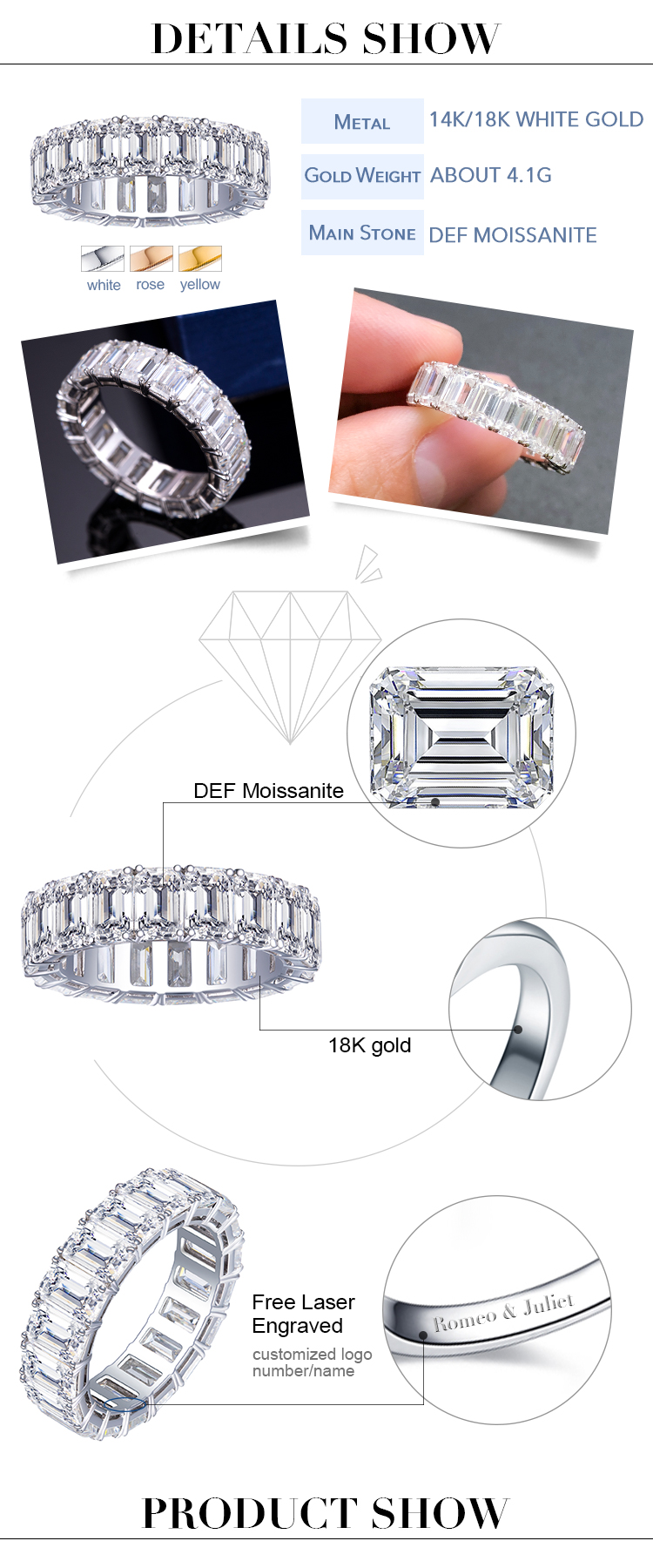 Messi Jewelry - Messi MS-404 Cuban Ring Eternity Band Emerald Cut 18K Gold Moissanite Eternity Ring Rings 8