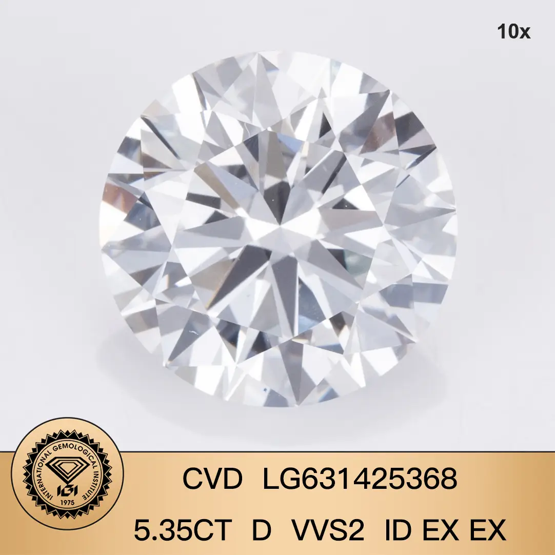 Personalizza il diamante coltivato a taglio brillante rotondo con certificato IGI CVD LG631425368 5.35CT D VVS2 ID Ex Ex 1