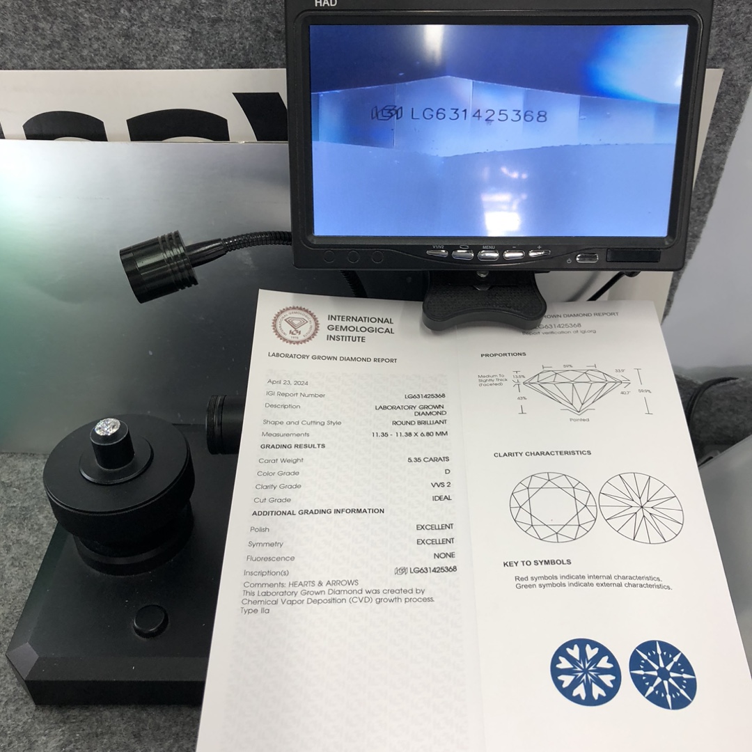Ipasibo ang Round Brilliant Cut Lab Grown Diamond Uban ang IGI Certificate CVD LG631425368 5.35CT D VVS2 ID EX EX 12