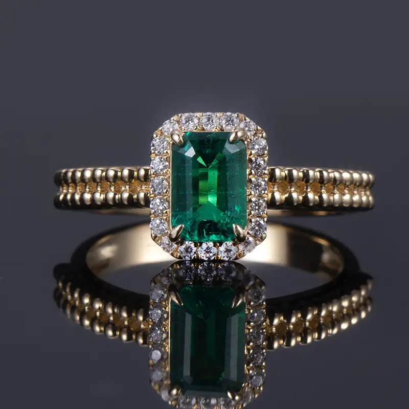 Messi Jewelry 18K Yellow Gold Lab Grown Emerald Halo Ring 4