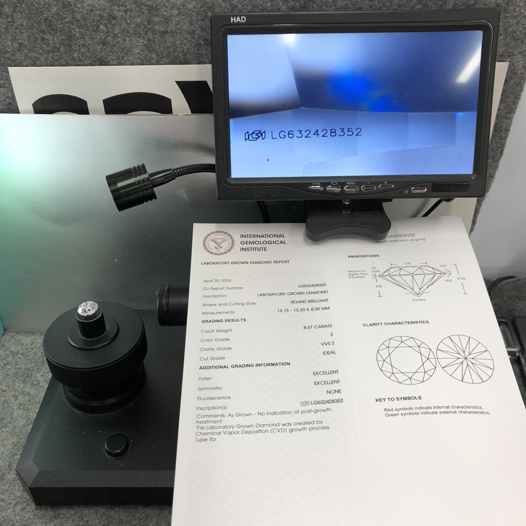 Messi Alahas- Round Brilliant Cut CVD Lab Grown Diamond LG632428352 8.67CT E VVS2 ID EX EX 12