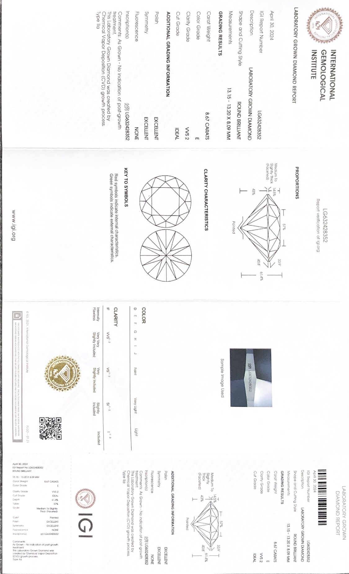 Messi Alahas- Round Brilliant Cut CVD Lab Grown Diamond LG632428352 8.67CT E VVS2 ID EX EX 8