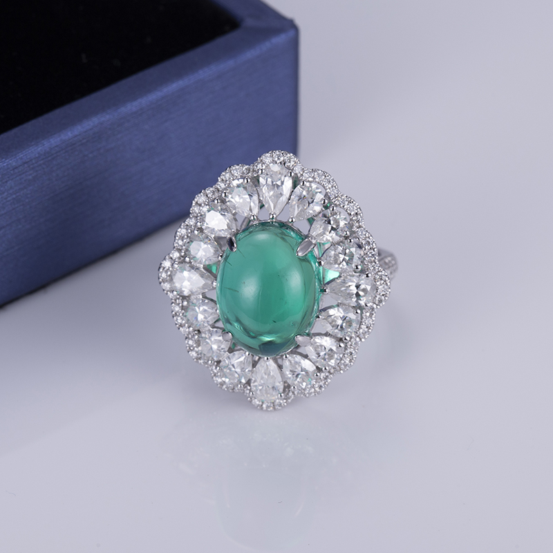 Messi Alahas - Messi Alahas MS-570 18k Gold Oval Cut Paghimo Emerald Halo Singsing Singsing 8