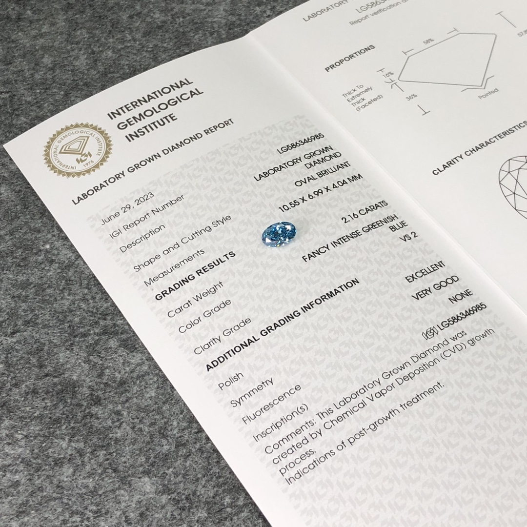 Oval Cut 2ct Fancy Intense Green Blue VS2 CVD Diamond Lab Grown Diamond IGI Certificate 8