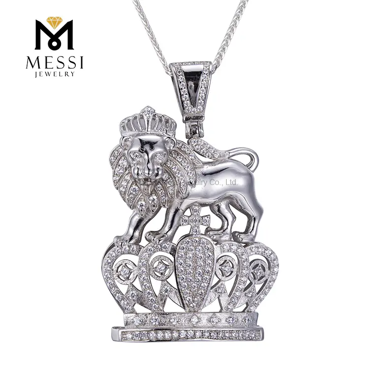 Gioielli Messi - Messi Jewelry Micro Pave CZ Stone Lion Design 925 Ciondolo a ciondolo di collana in argento sterling 1