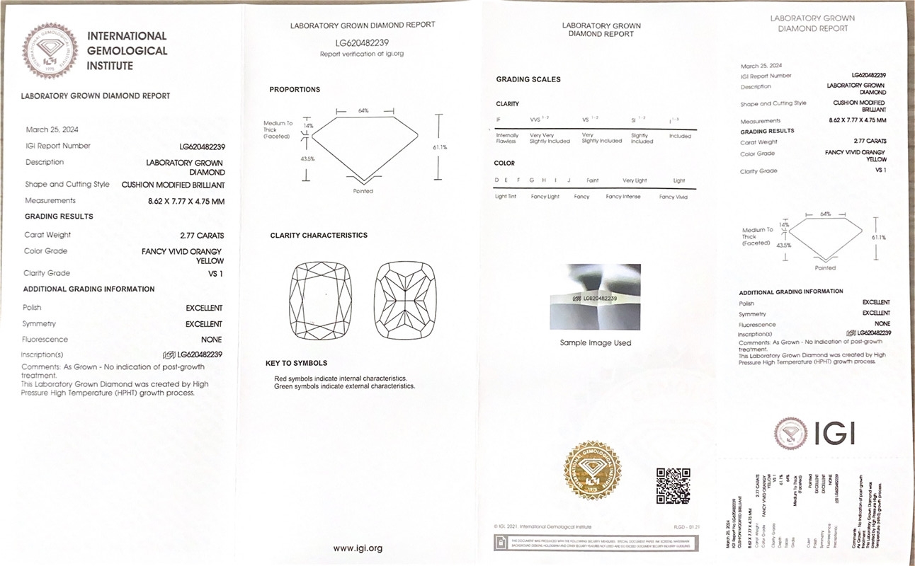 cushion yellow lab grown diamond igi