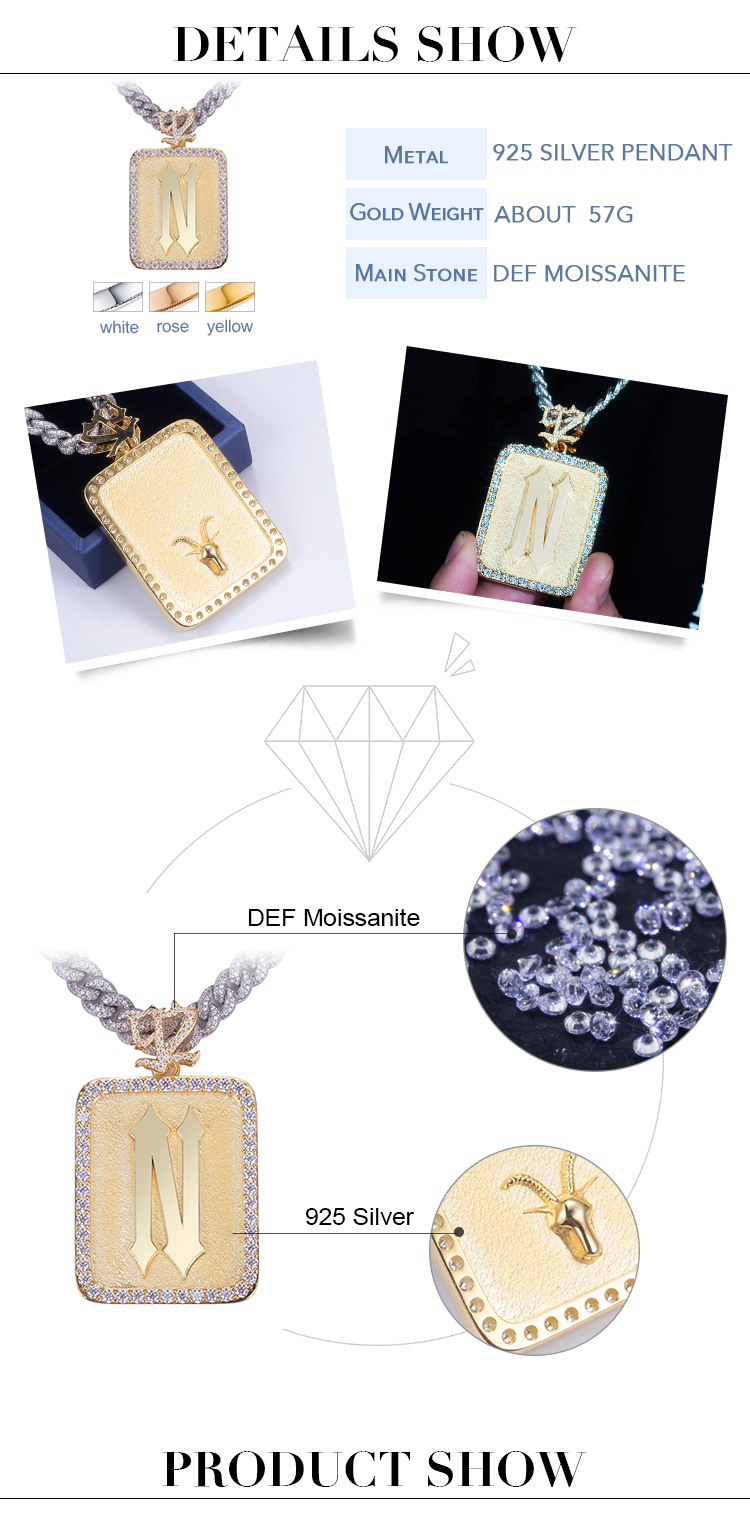 Messi Alahas - Hip hop N Letter 925 sterling silver moissanite pendant para sa lalaki Moissante Pendant 15