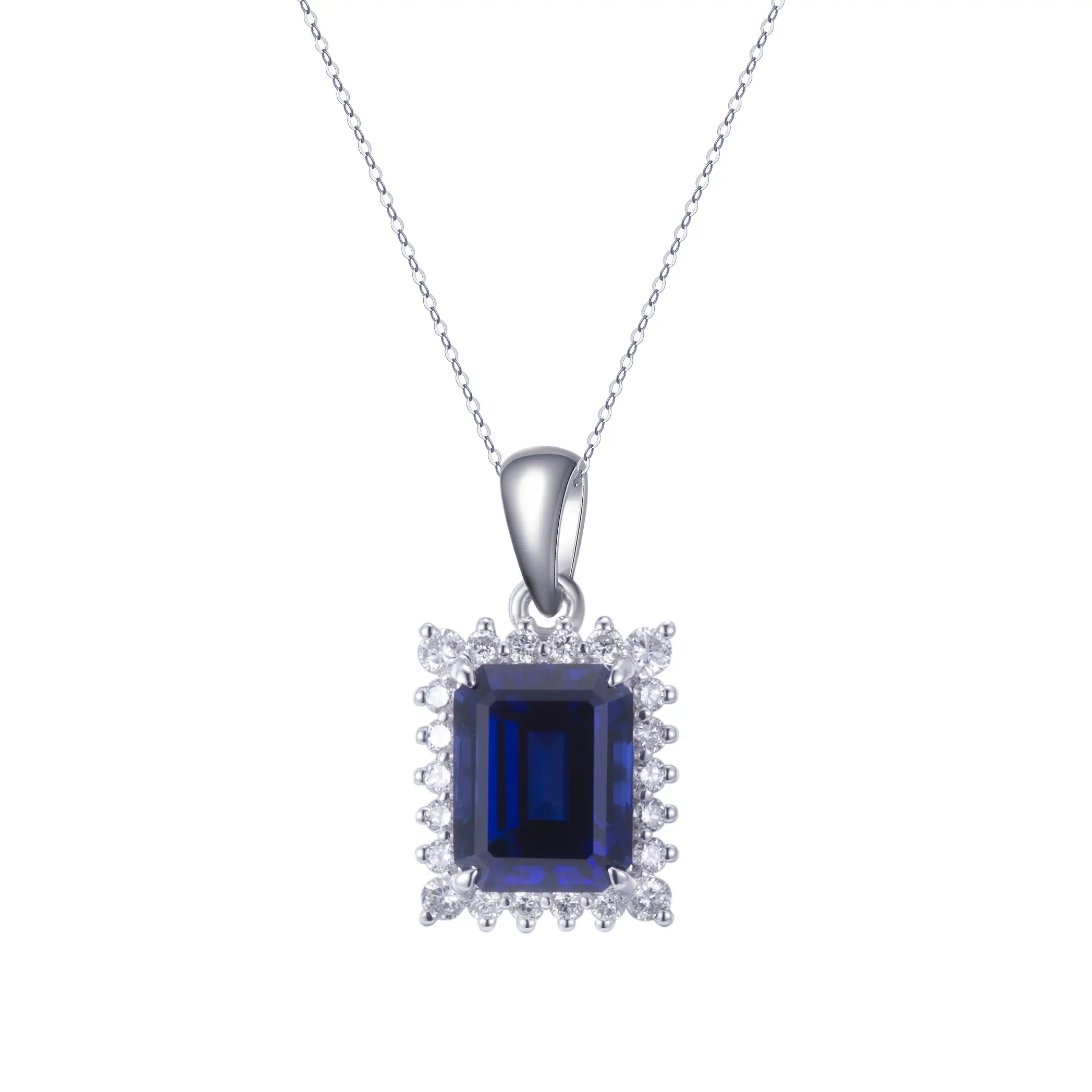 Emerald Cut White Gold Lab Grown Sapphire Pendant Necklace - Showcase of R&amp;D 6