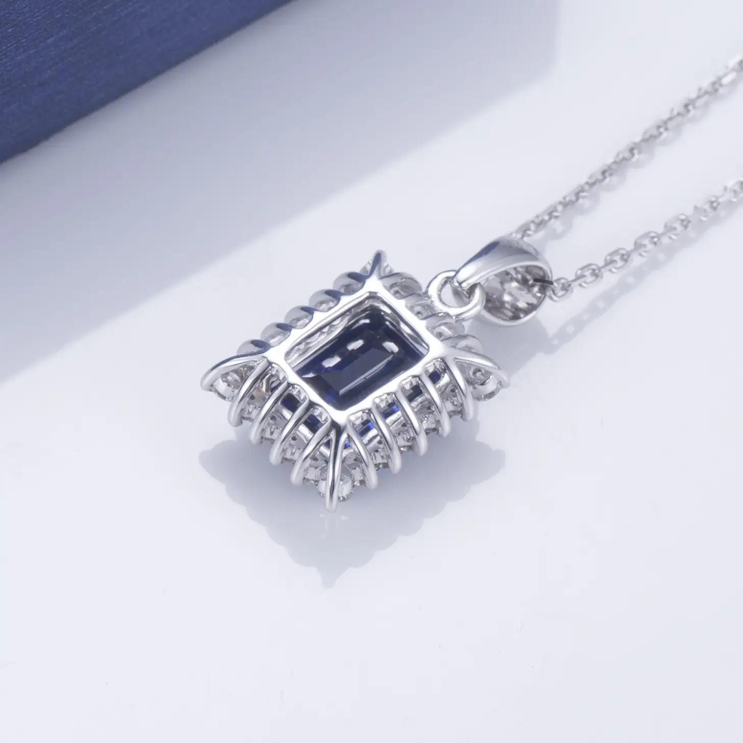 Emerald Cut White Gold Lab Grown Sapphire Pendant Necklace - Showcase of R&amp;D 5