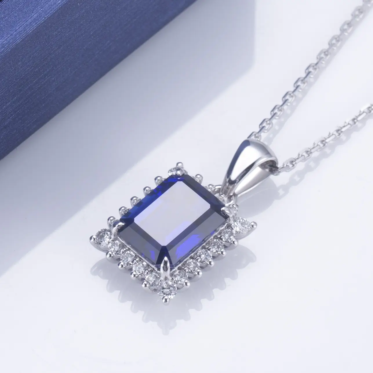 Emerald Cut White Gold Lab Grown Sapphire Pendant Necklace - Showcase of R&amp;D 3