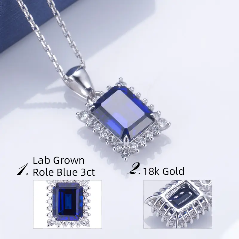 Emerald Cut White Gold Lab Grown Sapphire Pendant Necklace - Showcase of R&amp;D 7