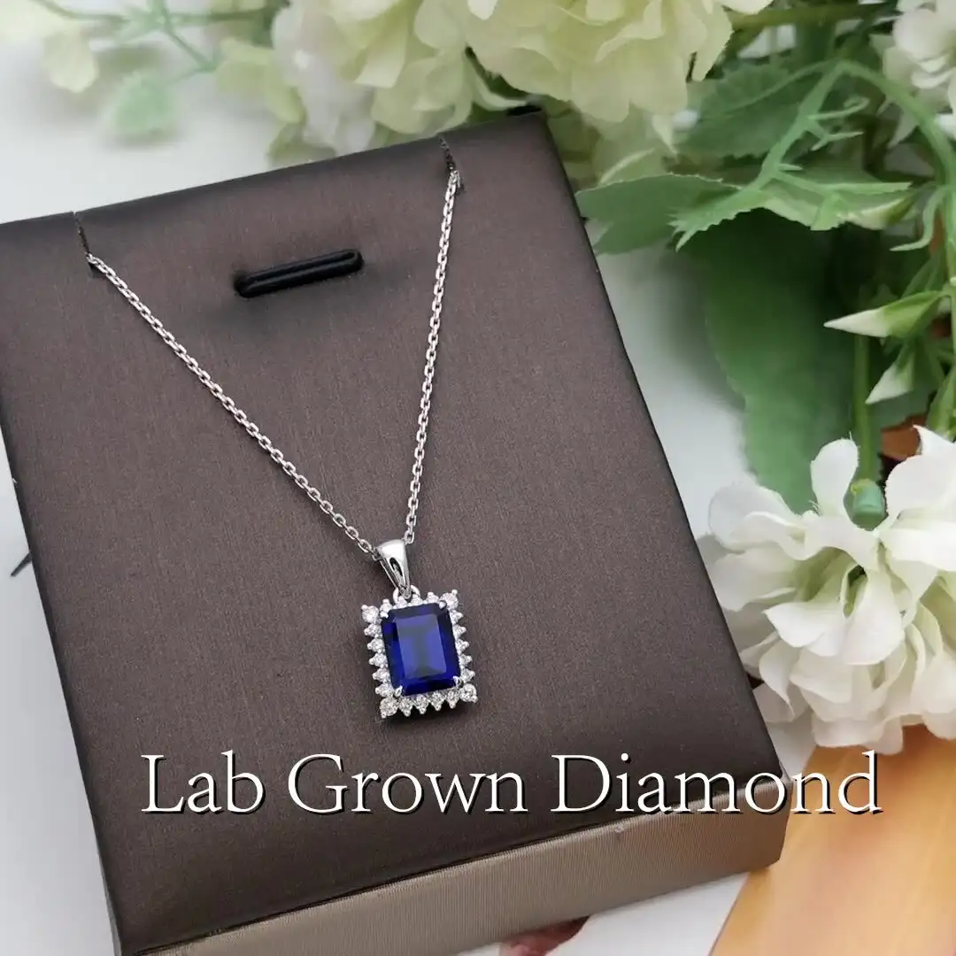 Emerald Cut White Gold Lab Grown Sapphire Pendant Necklace - Showcase of R&amp;D 2