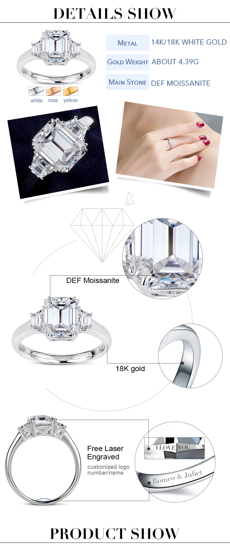 Messi Jewelry - Messi Jewelry three stones wedding rings octagon step cut moissanite engagement ring diamond 18k 14K woman jewelry Rings 8