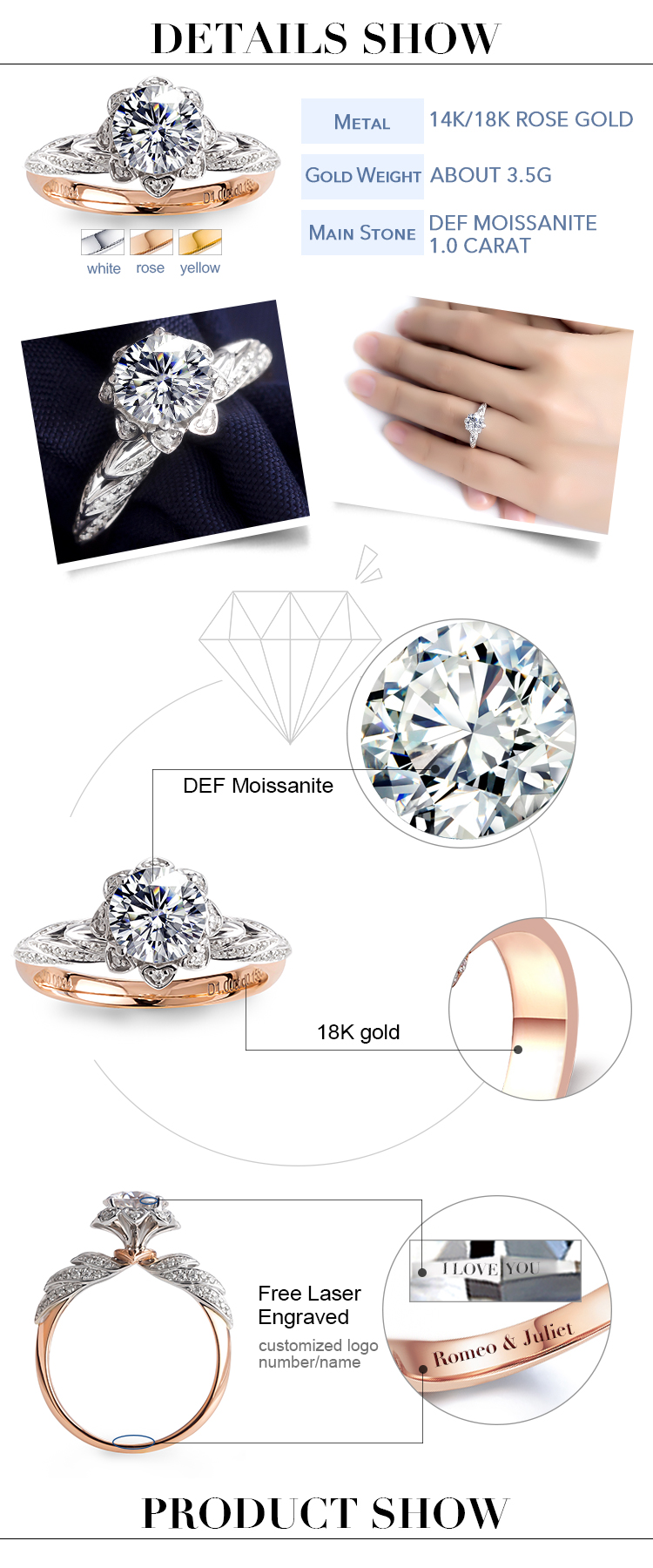 Messi Jewelry - Messi Jewelry engagement ring 1.0ct 18K White&Yellow Gold moissanite rings for girl Rings 8