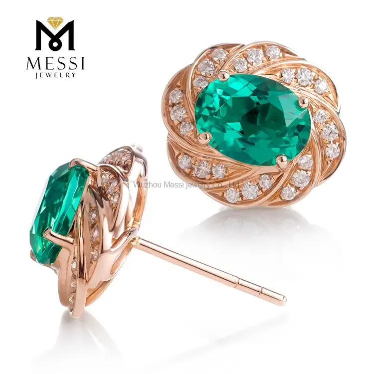 Messi Jewelry - MS -199 Joyas Messi Oval 14K 18K Gold 2 quilates Laboratorio creado Joyas de Pendientes de Esmeralda para mujeres Pendientes 1