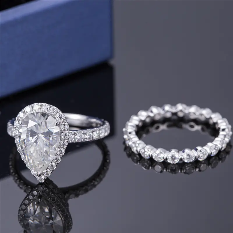 **MS-341 White Gold Pear Cut Moissanite Ring Set - Elegant Jewelry Piece** 4