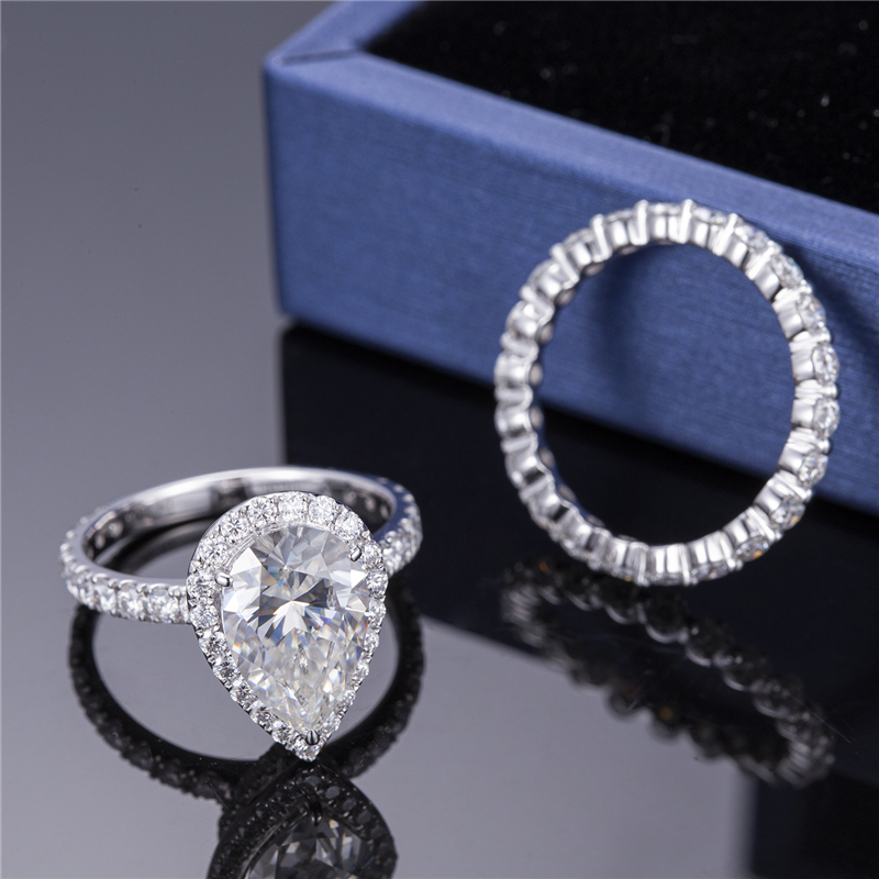 **MS-341 White Gold Pear Cut Moissanite Ring Set - Elegante nga Alahas ** 12
