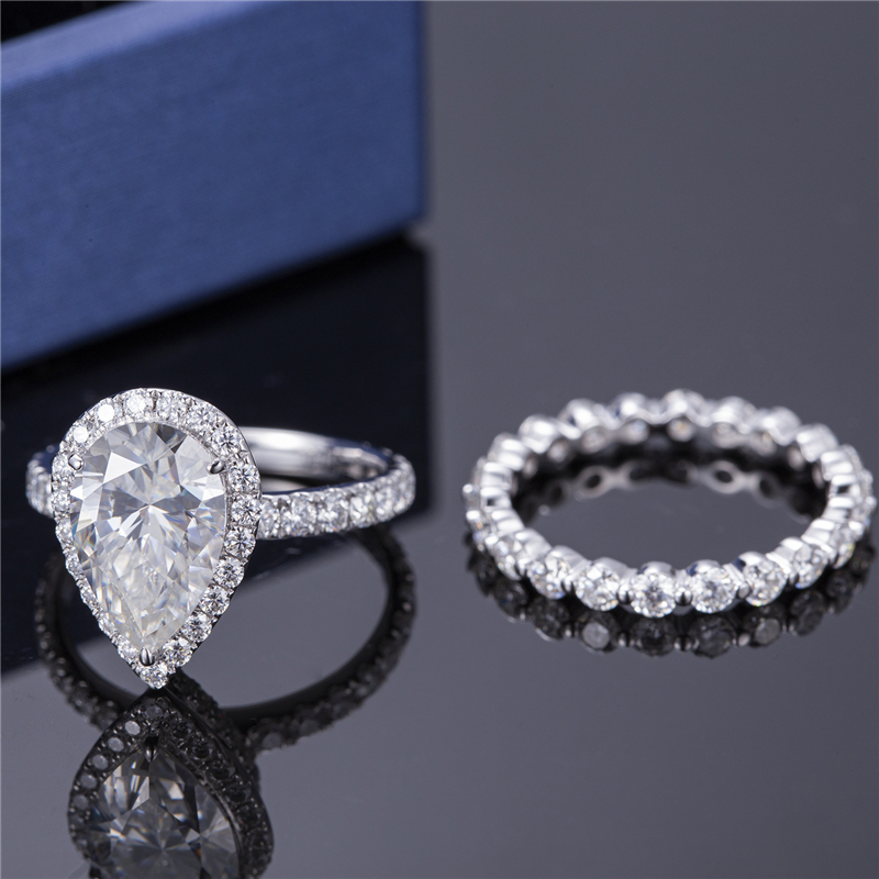 **MS-341 White Gold Pear Cut Moissanite Ring Set - Elegante nga Alahas ** 10