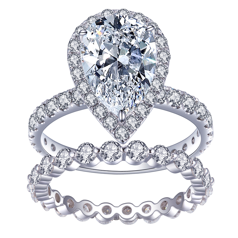 **MS-341 White Gold Pear Cut Moissanite Ring Set - Elegante nga Alahas ** 8