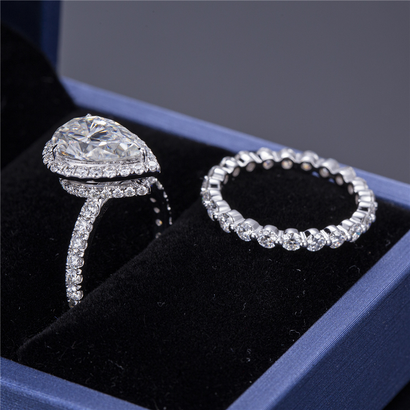 **MS-341 White Gold Pear Cut Moissanite Ring Set - Elegante nga Alahas ** 11