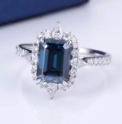 MSR -710 14K White White Oro blu smeraldo Cut Moissanite Anello -Gioielli Messi 1