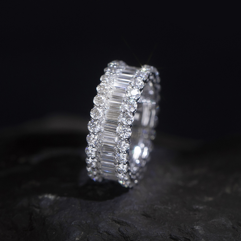 Messi Jewelry - MSR-766 18kt 14kt 10kt Solid Gold Moissanite Ring White Gold Channel Setting 2X4mm Emerald Cut Eternity Moissanite Band Ring Rings 9