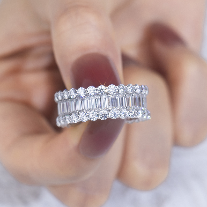 Messi Jewelry - MSR-766 18kt 14kt 10kt Solid Gold Moissanite Ring White Gold Channel Setting 2X4mm Emerald Cut Eternity Moissanite Band Ring Rings 10