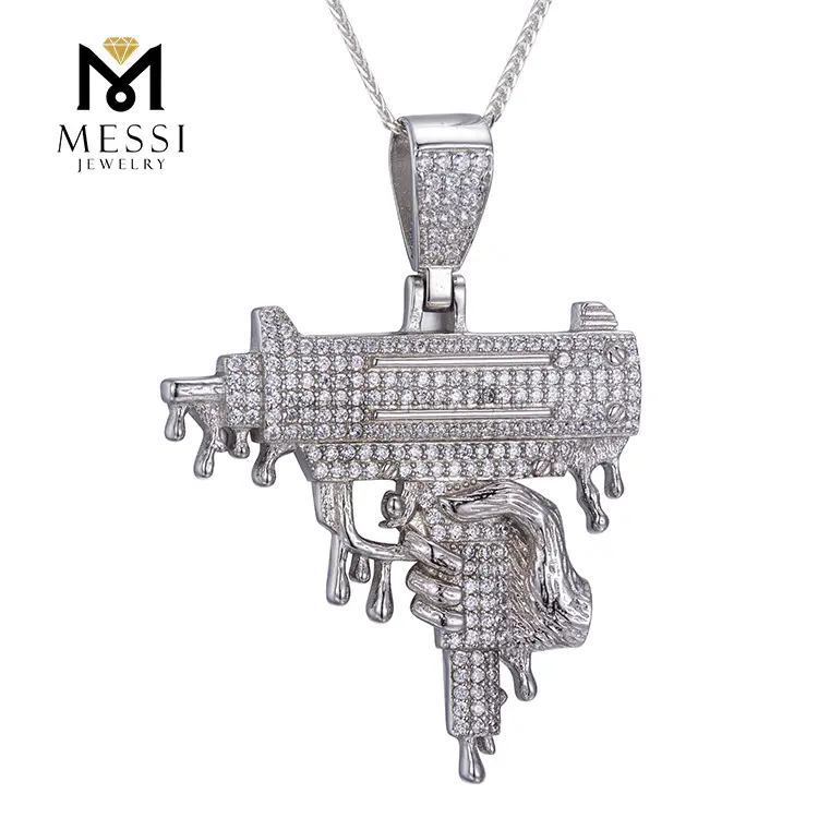 Gioielli Messi - Gioielli Messi 925 Gioielli in argento CZ Stone Hip Hop Gun Collana a ciondolo per uomo Ciondolo Moissante 1