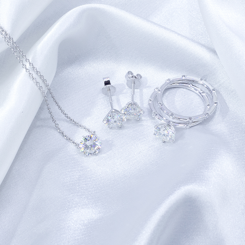 Messi Alahas - MS-573 18k White Gold 7mm D color Moissanite Ring Set Rings 11